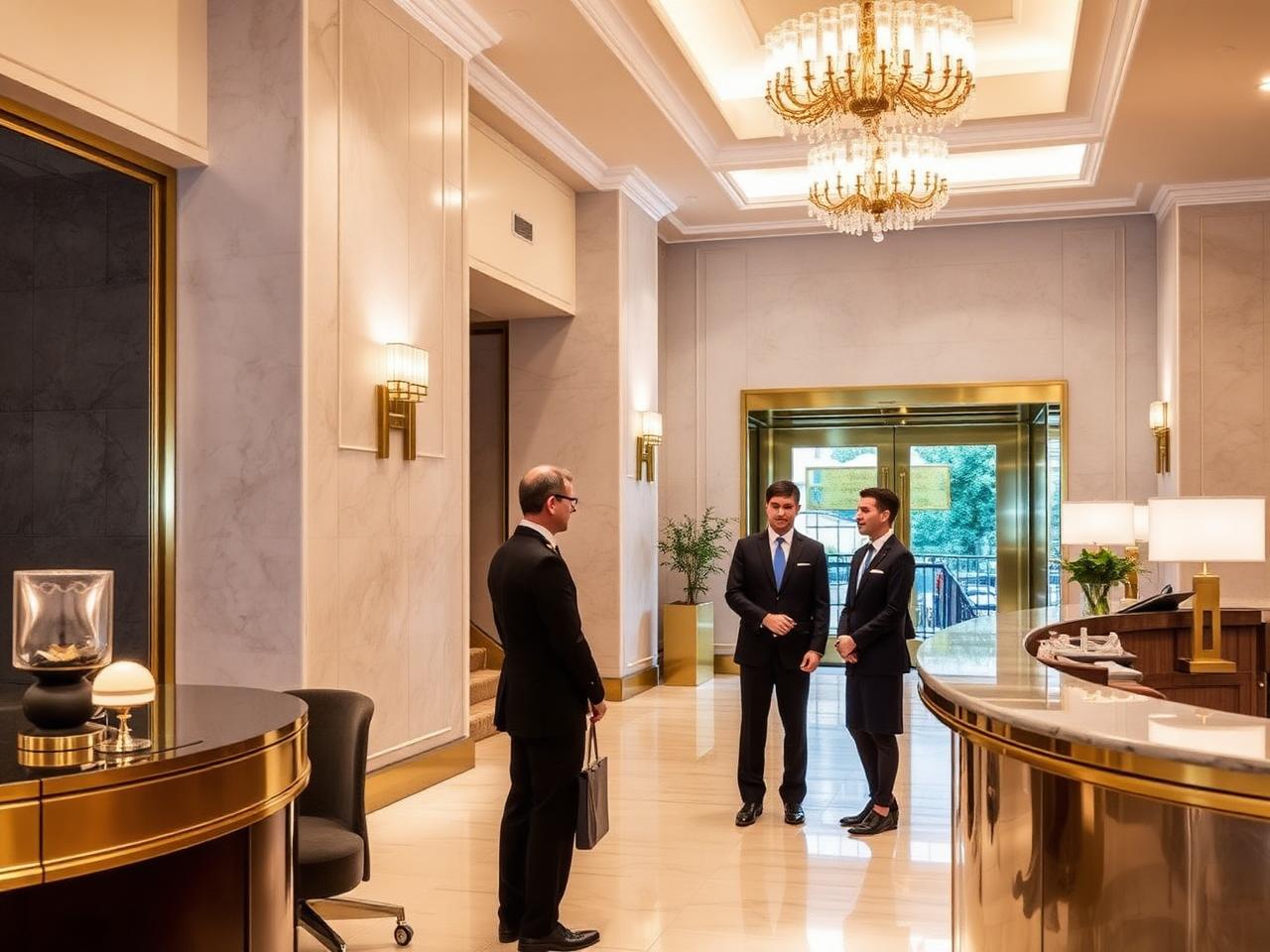 Hotel reception team welcoming guests in a London hotel lobby