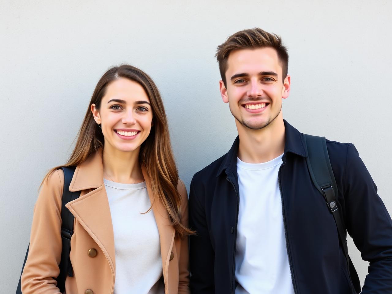 Two smiling students standing against a light wall